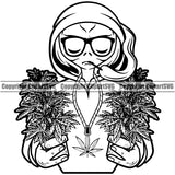 Black And White Aline Character Hand Holding Marijuana Leaf And Wearing Sunglass Vector Design Element Legalize Pot Organic Leaf Medical Medicine Health Herb Plant Cannabis Hemp Drug Grass Weed THC Legal Art Logo Clipart SVG