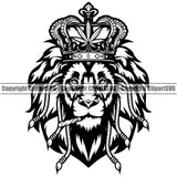 Black And White Color Lion Smoking Marijuana Crown On Head BW Design Element Legalize Pot Organic Leaf Medical Medicine Health Herb Plant Cannabis Hemp Drug Grass Weed THC Legal Art Logo Clipart SVG