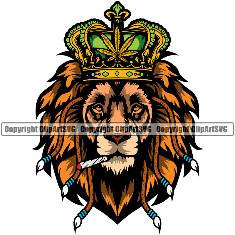 Lion Smoking Marijuana Crown On Head Color Design Element Legalize Pot Organic Leaf Medical Medicine Health Herb Plant Cannabis Hemp Drug Grass Weed THC Legal Art Logo Clipart SVG