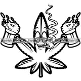 Black And White Marijuana Leaf Cartoon Character Holding Bear Mug And Smoking BW Legalize Pot Organic Leaf Medical Medicine Health Herb Plant Cannabis Hemp Drug Grass Weed THC Legal Art Logo Clipart SVG