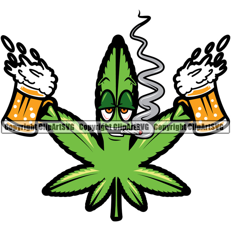 Marijuana Leaf Cartoon Character Holding Bear Mug And Smoking Color Design Element White Background Legalize Pot Organic Leaf Medical Medicine Health Herb Plant Cannabis Hemp Drug Grass Weed THC Legal Art Logo Clipart SVG