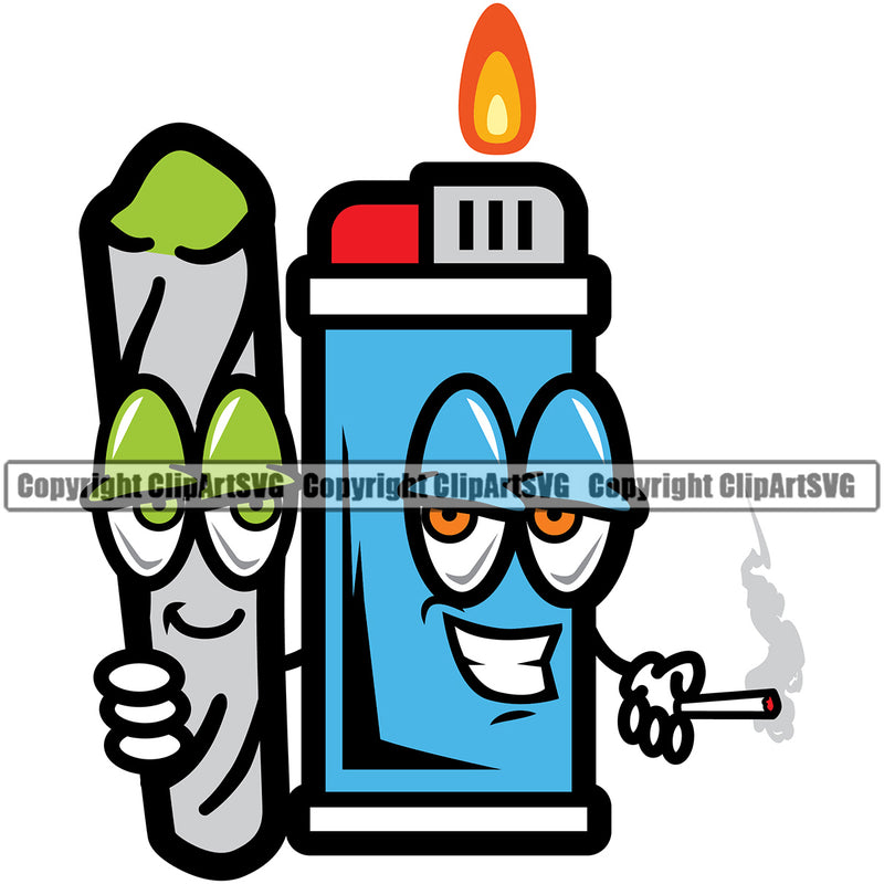 Lighter Character Holding Marijuana Roll Smile Face Color Design Element Vector Legalize Pot Organic Leaf Medical Medicine Health Herb Plant Cannabis Hemp Drug Grass Weed THC Legal Art Logo Clipart SVG