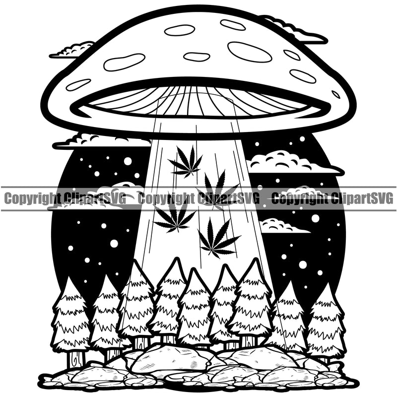 Black And White UFO Design Element Marijuana Leaf Vector Circle Logo Design Legalize Pot Organic Leaf Medical Medicine Health Herb Plant Cannabis Hemp Drug Grass Weed THC Legal Art Logo Clipart SVG