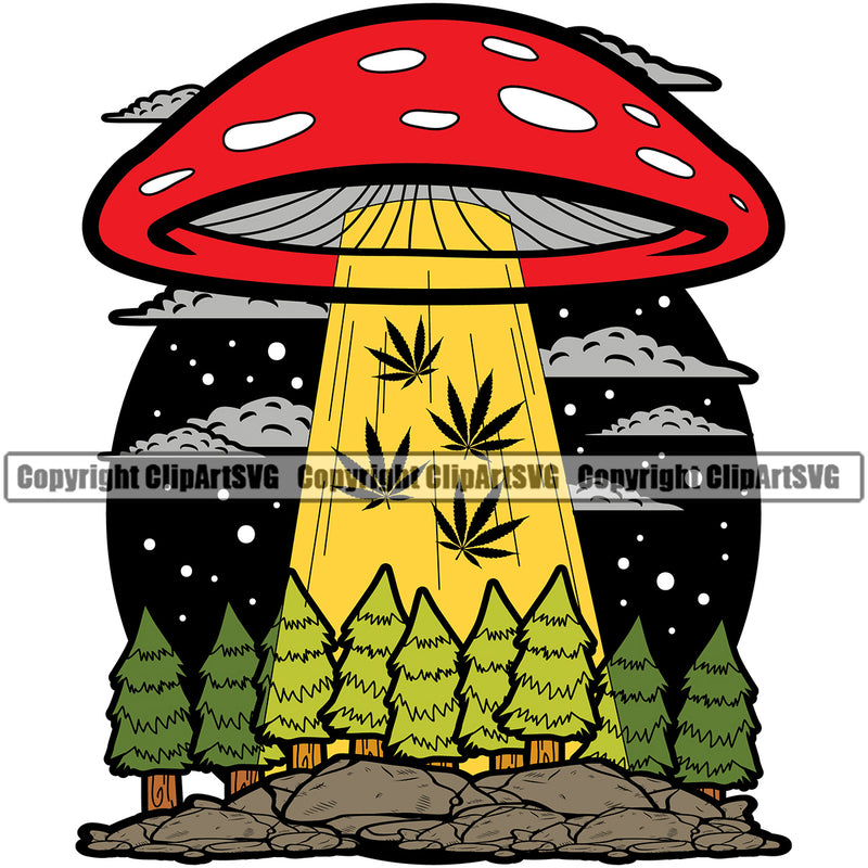 Color UFO Design Element Marijuana Leaf Vector Circle Logo Design White Background Legalize Pot Organic Leaf Medical Medicine Health Herb Plant Cannabis Hemp Drug Grass Weed THC Legal Art Logo Clipart SVG