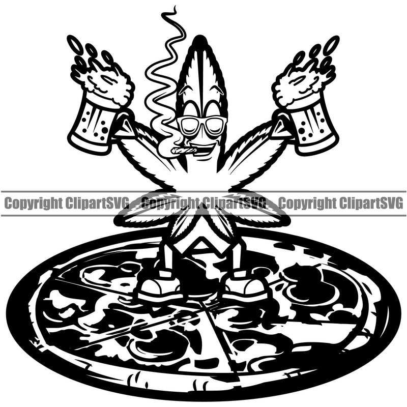 Black And White Marijuana Character Standing On Pizza And Holding Bear Mug Design Element Legalize Pot Organic Leaf Medical Medicine Health Herb Plant Cannabis Hemp Drug Grass Weed THC Legal Art Logo Clipart SVG