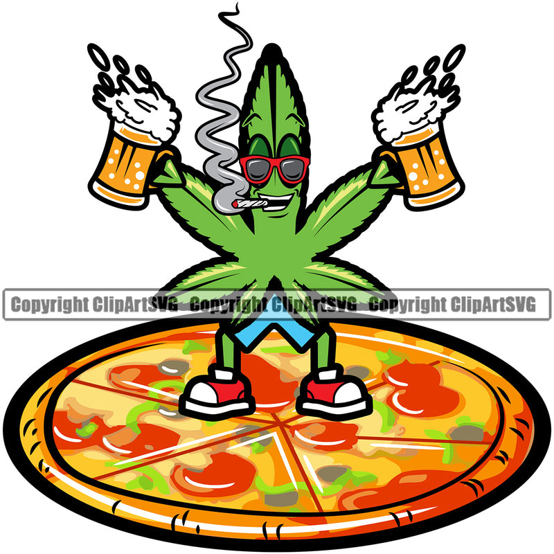 Marijuana Leaf Character Wearing Sunglass Standing On Pizza And Holding Bear Mug Design Element Legalize Pot Organic Leaf Medical Medicine Health Herb Plant Cannabis Hemp Drug Grass Weed THC Legal Art Logo Clipart SVG