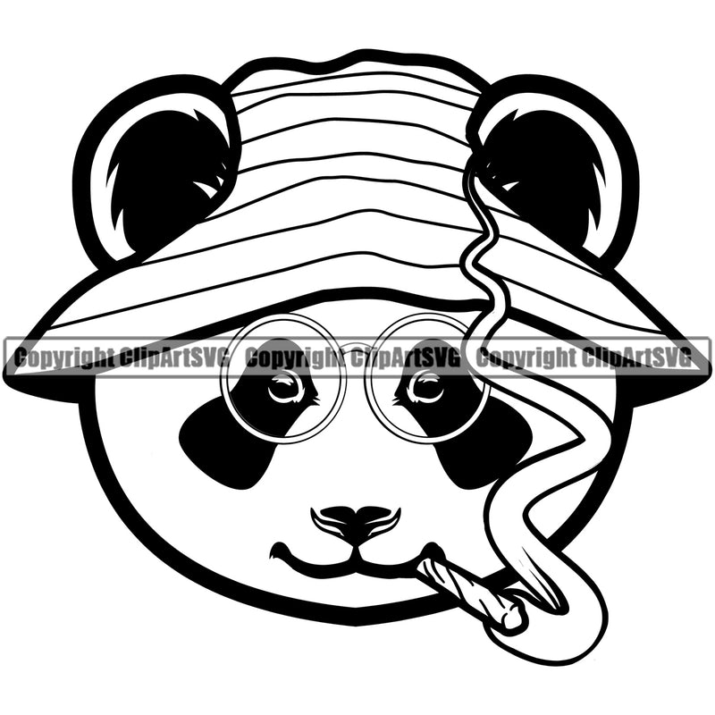 Black And White Smoking Panda Head Design Element Marijuana Legalize Pot Organic Leaf Medical Medicine Health Herb Plant Cannabis Hemp Drug Grass Weed THC Legal Art Logo Clipart SVG