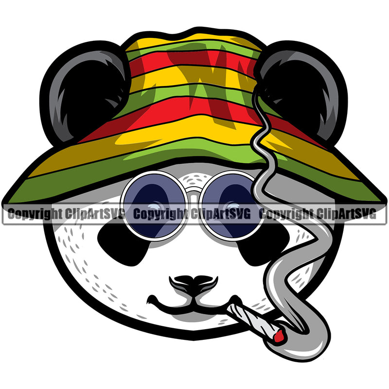 Smoking Panda Head Design Element Marijuana Legalize Pot Color White Background Smile Face Organic Leaf Medical Medicine Health Herb Plant Cannabis Hemp Drug Grass Weed THC Legal Art Logo Clipart SVG