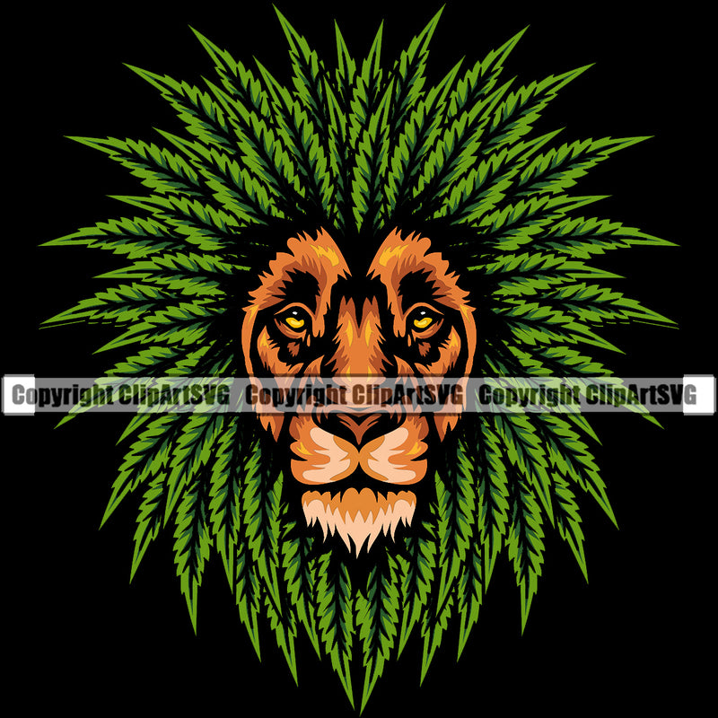 Lion Face Red Color Marijuana Leaf Green Color Design Element Black Background Legalize Pot Organic Leaf Medical Medicine Health Herb Plant Cannabis Hemp Drug Grass Weed THC Legal Art Logo Clipart SVG