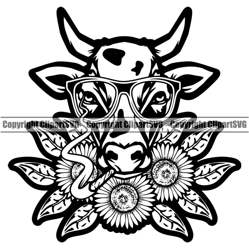 Black And White Color Marijuana Leaf And Flower Cow Head Wearing Sunglass Vector Design Element Legalize Pot Organic Leaf Medical Medicine Health Herb Plant Cannabis Hemp Drug Grass Weed THC Legal Art Logo Clipart SVG