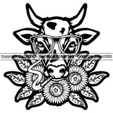 Black And White Color Marijuana Leaf And Flower Cow Head Wearing Sunglass Vector Design Element Legalize Pot Organic Leaf Medical Medicine Health Herb Plant Cannabis Hemp Drug Grass Weed THC Legal Art Logo Clipart SVG