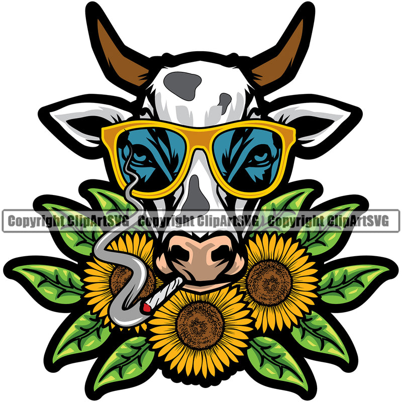 Smoking Marijuana Leaf And Sun Flower Cow Head Wearing Sunglass Vector Design Element Legalize Pot Organic Leaf Medical Medicine Health Herb Plant Cannabis Hemp Drug Grass Weed THC Legal Art Logo Clipart SVG