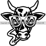 Black And White Smoking Cow Head Marijuana Roll Vector Cow Head Wearing Sunglass Legalize Pot Organic Leaf Medical Medicine Health Herb Plant Cannabis Hemp Drug Grass Weed THC Legal Art Logo Clipart SVG