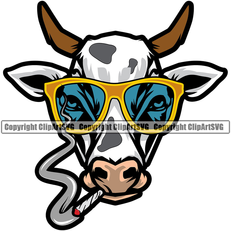 Smoking Cow Head Marijuana Roll Vector Cow Color Head Wearing Sunglass White Background Legalize Pot Organic Leaf Medical Medicine Health Herb Plant Cannabis Hemp Drug Grass Weed THC Legal Art Logo Clipart SVG
