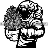 Black And White Astronaut Holding Growing Marijuana Pot Vector Design Element Legalize Pot Organic Leaf Medical Medicine Health Herb Plant Cannabis Hemp Drug Grass Weed THC Legal Art Logo Clipart SVG