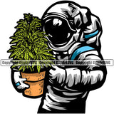 Astronaut Holding Growing Marijuana Pot Vector Color Design Element White Background Legalize Pot Organic Leaf Medical Medicine Health Herb Plant Cannabis Hemp Drug Grass Weed THC Legal Art Logo Clipart SVG