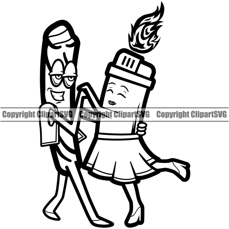 Black And White Marijuana Roll Character Standing And Dancing Design Element BW Legalize Pot Organic Leaf Medical Medicine Health Herb Plant Cannabis Hemp Drug Grass Weed THC Legal Art Logo Clipart SVG