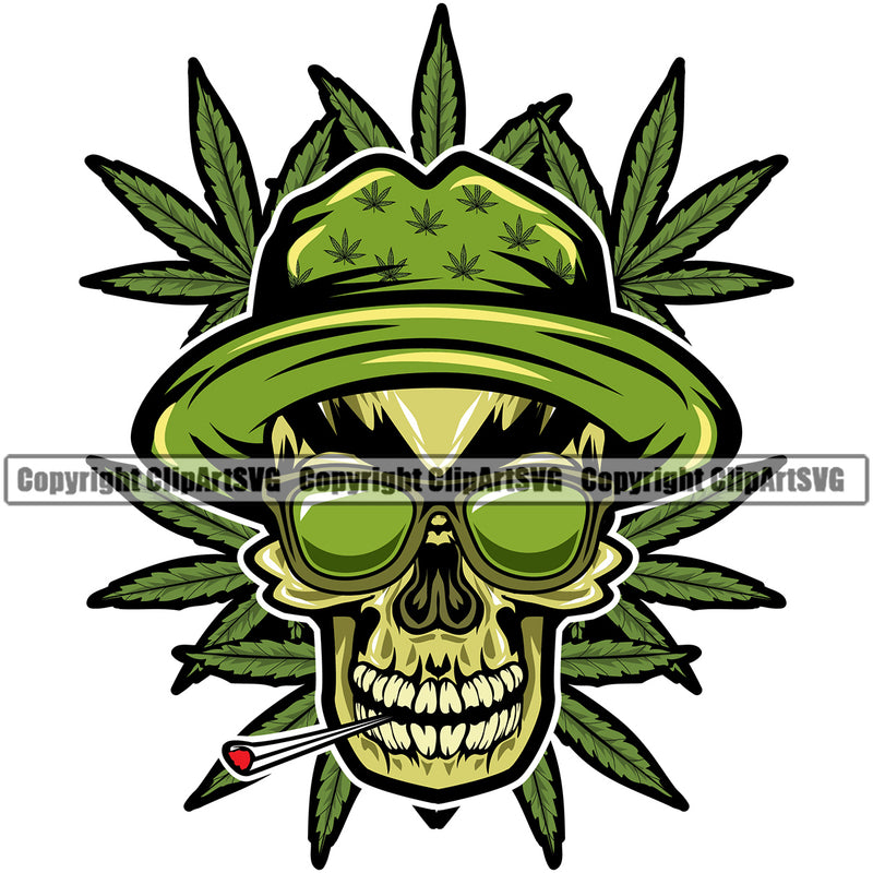 Skull Skeleton Head Smoking Marijuana Background Leaf Wearing Cap And Sunglasses Color Design Element Legalize Pot Organic Leaf Medical Medicine Health Herb Plant Cannabis Hemp Drug Grass Weed THC Legal Art Logo Clipart SVG