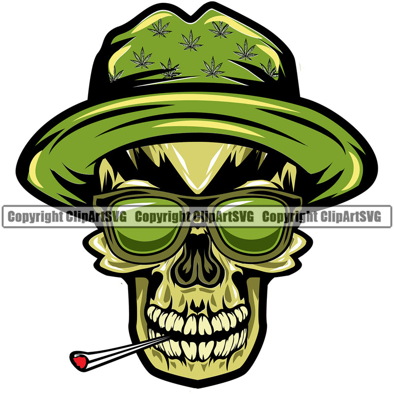 Skull Skeleton Smoking Color Head Design Element Marijuana Leaf Design Hat Wearing Sunglass Legalize Pot Organic Leaf Medical Medicine Health Herb Plant Cannabis Hemp Drug Grass Weed THC Legal Art Logo Clipart SVG