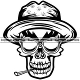 Black And White Skull Skeleton Smoking Head Design Element Marijuana Leaf Design Hat Wearing Sunglass Legalize Pot Organic Leaf Medical Medicine Health Herb Plant Cannabis Hemp Drug Grass Weed THC Legal Art Logo Clipart SVG