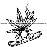 Black And White Marijuana Character On Skate Boat Vector BW Design Element Legalize Pot Organic Leaf Medical Medicine Health Herb Plant Cannabis Hemp Drug Grass Weed THC Legal Art Logo Clipart SVG