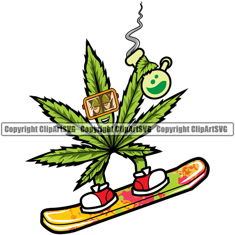 Marijuana Character On Skate Boat Vector Color Design Element Legalize Pot White Background Organic Leaf Medical Medicine Health Herb Plant Cannabis Hemp Drug Grass Weed THC Legal Art Logo Clipart SVG