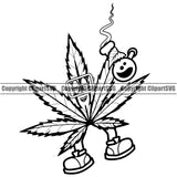 Cartoon Marijuana Character Holding Pipe Black And White BW Design Element Legalize Pot Organic Leaf Medical Medicine Health Herb Plant Cannabis Hemp Drug Grass Weed THC Legal Art Logo Clipart SVG