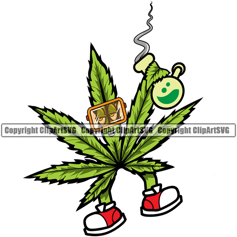 Cartoon Marijuana Character Holding Pipe Design Element Legalize Leaf Wearing Sunglass Pot Organic Leaf Medical Medicine Health Herb Plant Cannabis Hemp Drug Grass Weed THC Legal Art Logo Clipart SVG