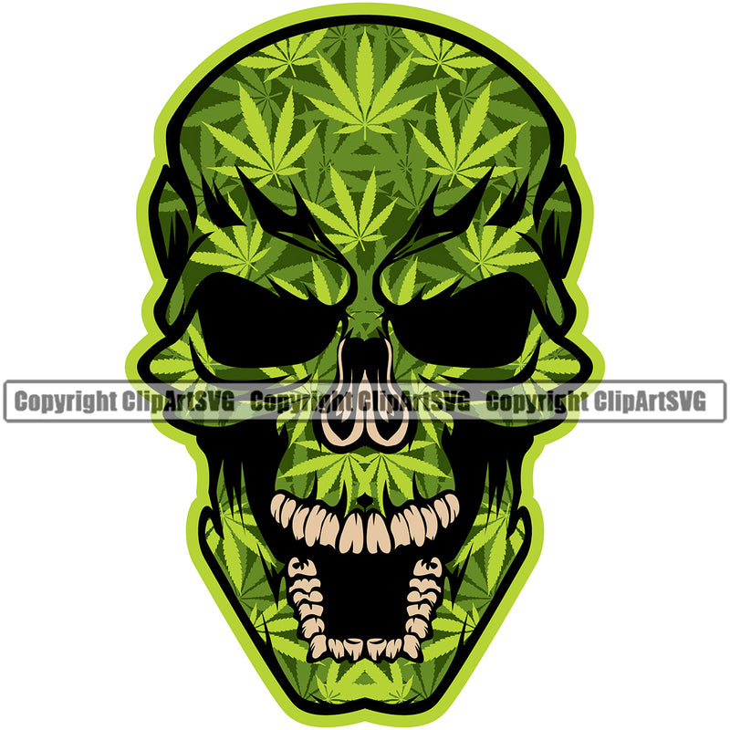 Skull Skeleton Head Design By Marijuana Leaf Open Mouth Vector White Background Legalize Pot Organic Leaf Medical Medicine Health Herb Plant Cannabis Hemp Drug Grass Weed THC Legal Art Logo Clipart SVG