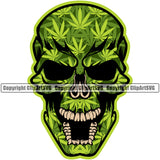 Skull Skeleton Head Design By Marijuana Leaf Open Mouth Vector White Background Legalize Pot Organic Leaf Medical Medicine Health Herb Plant Cannabis Hemp Drug Grass Weed THC Legal Art Logo Clipart SVG