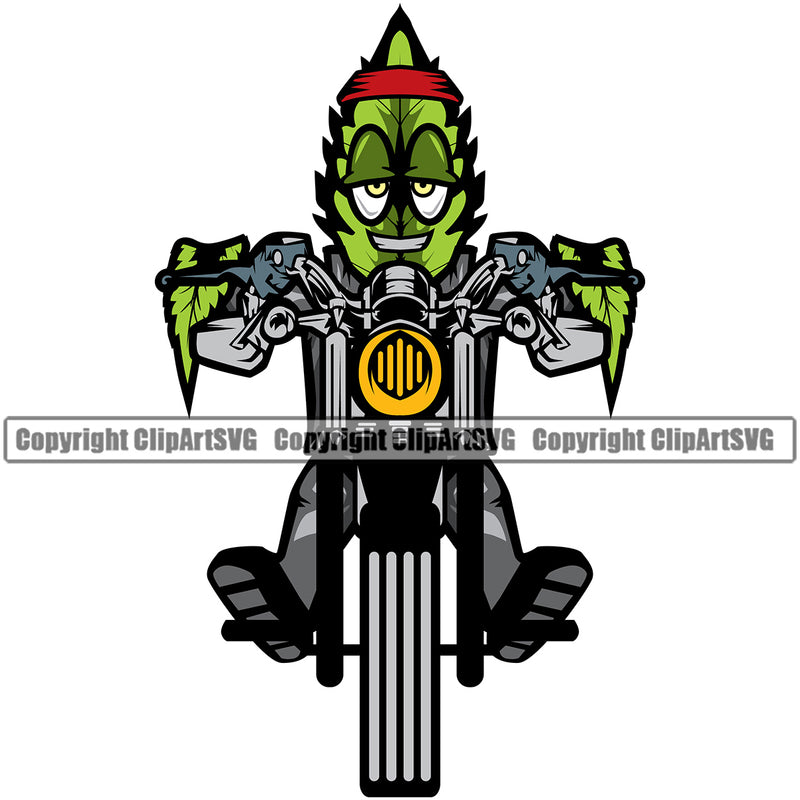 Marijuana Leaf Riding Motorcycle Design Element Color Vector Bike White Background Legalize Pot Organic Leaf Medical Medicine Health Herb Plant Cannabis Hemp Drug Grass Weed THC Legal Art Logo Clipart SVG