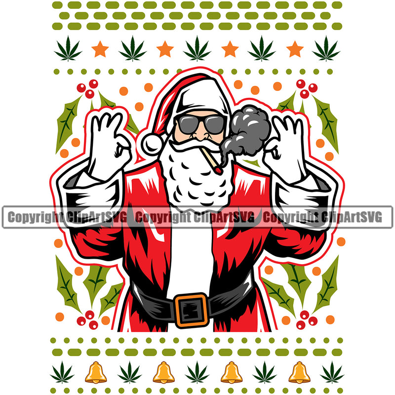 Smoking Santa Marijuana Leaf Color Design Element Legalize Pot Organic Leaf Medical Medicine Health Herb Plant Cannabis Hemp Drug Grass Weed THC Legal Art Logo Clipart SVG