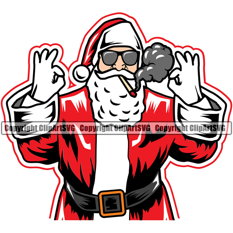 Santa Smoking Marijuana White Background Design Element Color Dress Vector Legalize Pot Organic Leaf Medical Medicine Health Herb Plant Cannabis Hemp Drug Grass Weed THC Legal Art Logo Clipart SVG