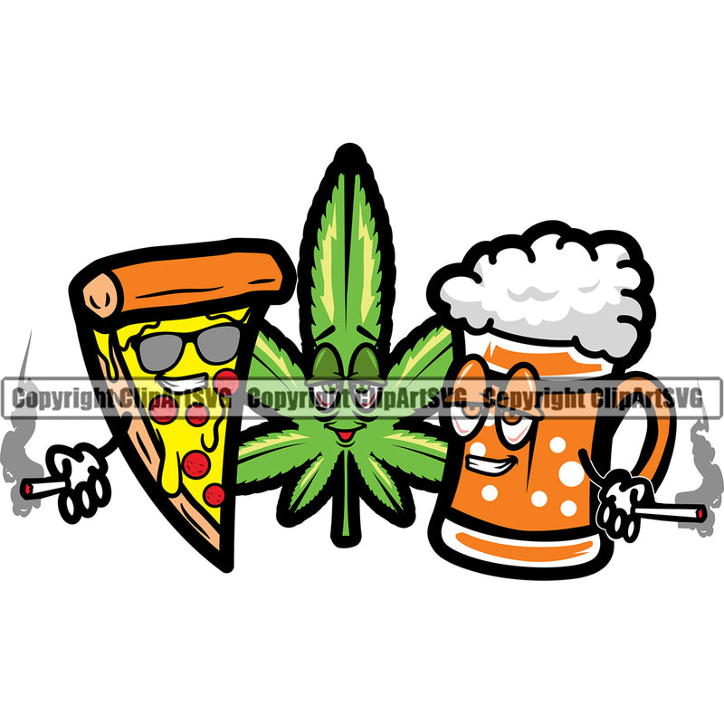 Marijuana Leaf Mug And Pizza Slice Character Color Design Element White Background Legalize Pot Organic Leaf Medical Medicine Health Herb Plant Cannabis Hemp Drug Grass Weed THC Legal Art Logo Clipart SVG