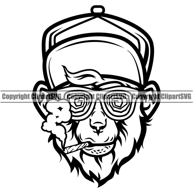 Black And White Monkey Face Smoking BW Design Element Marijuana Legalize Pot Organic Leaf Medical Medicine Health Herb Plant Cannabis Hemp Drug Grass Weed THC Legal Art Logo Clipart SVG