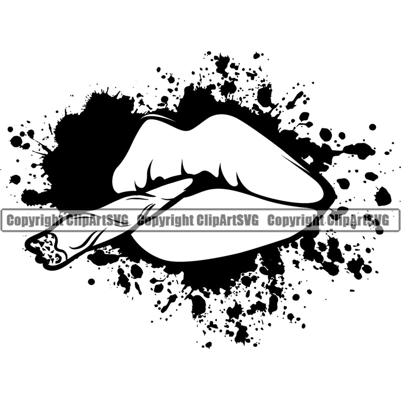Black And White Woman Lips Holding Marijuana Roll Vector Legalize Pot Organic BW Color Dripping Leaf Medical Medicine Health Herb Plant Cannabis Hemp Drug Grass Weed THC Legal Art Logo Clipart SVG