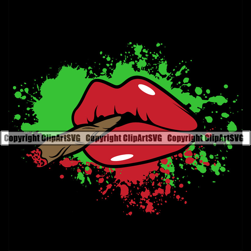 Woman Lips Holding Marijuana Roll Black Background Color Dripping Design Element Legalize Pot Organic Leaf Medical Medicine Health Herb Plant Cannabis Hemp Drug Grass Weed THC Legal Art Logo Clipart SVG