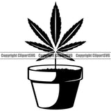 Marijuana Plant On Pot Black And White Color BW Design Element Legalize Pot Organic Leaf Medical Medicine Health Herb Plant Cannabis Hemp Drug Grass Weed THC Legal Art Logo Clipart SVG