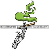 Skull Skeleton Hand Holding Marijuana Roll Vector Color Design Element Smoke Green Color Legalize Pot Organic Leaf Medical Medicine Health Herb Plant Cannabis Hemp Drug Grass Weed THC Legal Art Logo Clipart SVG
