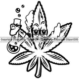 Marijuana Leaf Cartoon Character Black And White Color Holding Pipe Design Element Legalize Pot Organic Leaf Medical Medicine Health Herb Plant Cannabis Hemp Drug Grass Weed THC Legal Art Logo Clipart SVG