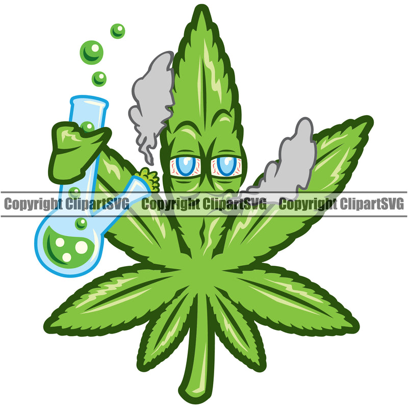 Marijuana Leaf Cartoon Character Red Eyes Smoking Color Holding Pipe White Background Design Element Legalize Pot Organic Leaf Medical Medicine Health Herb Plant Cannabis Hemp Drug Grass Weed THC Legal Art Logo Clipart SVG