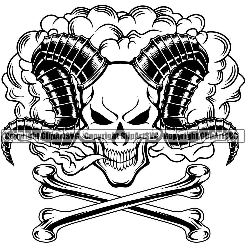 Black And White Skull Skeleton Head With Horns Crossed Bones BW Design Element Smoking Health Tobacco Quit Quitting Smoke Awareness Disease Addiction Smoker Addicted Addict Art Logo Clipart SVG