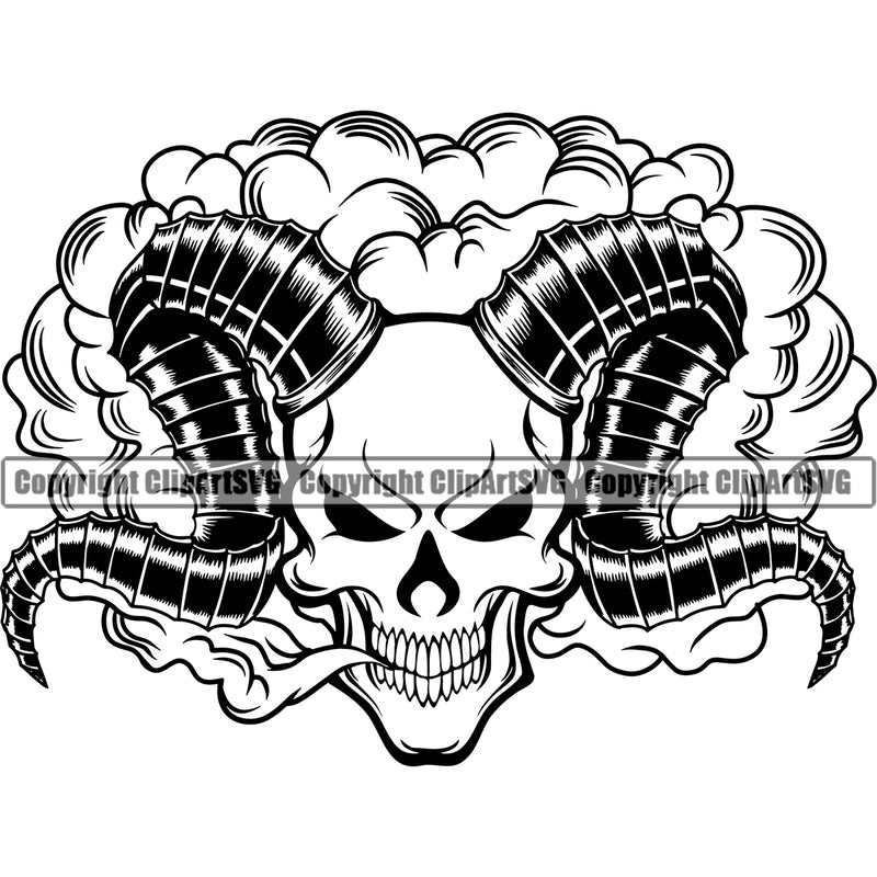Black And White Skull Skeleton Head With Horns BW Smile Face Design Element Smoking Health Tobacco Quit Quitting Smoke Awareness Disease Addiction Smoker Addicted Addict Art Logo Clipart SVG