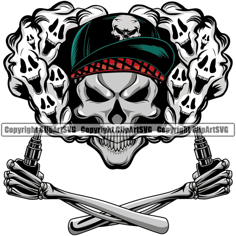 Smoking Skull Skeleton Holding Vape Crossed Hand Color Design Element Wearing Cap Health Tobacco Quit Quitting Smoke Awareness Disease Addiction Smoker Addicted Addict Art Logo Clipart SVG
