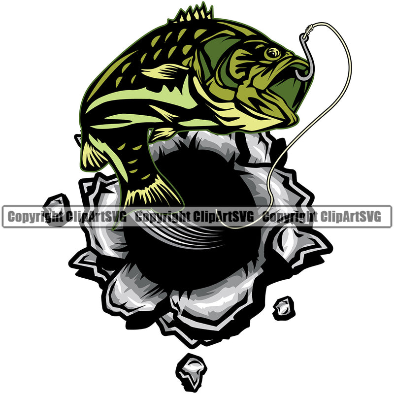 Bass Fishing Fish Fisherman Hunt Hunting Hunter Outdoor Sport Fishing Break Hole Speed Lines Color Design Element White Background Hunting Lake Pond Sea River Ocean Design Logo Clipart SVG