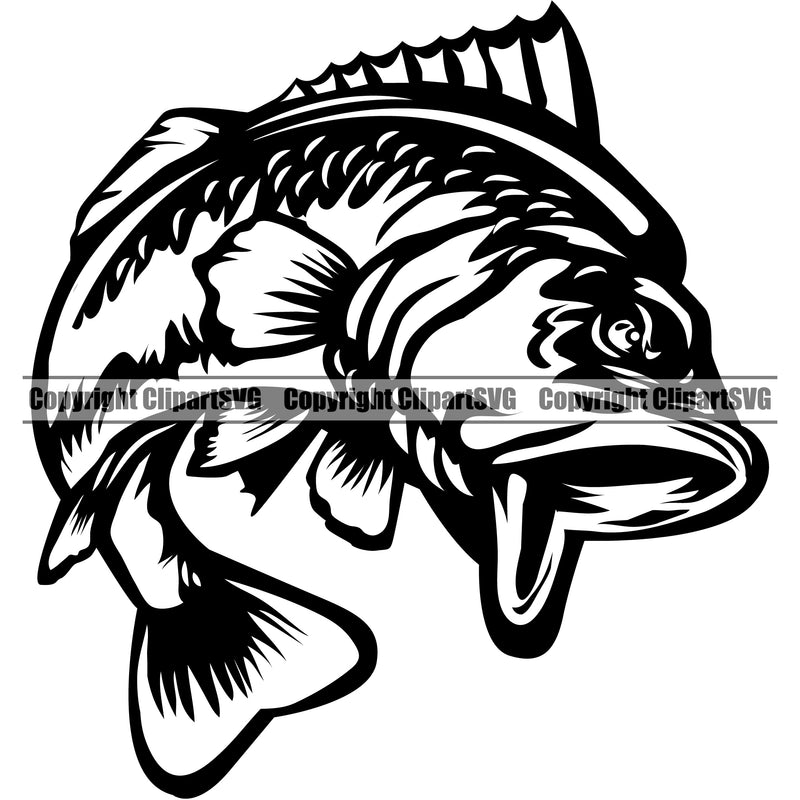 Bass Fishing Fish Fisherman Hunt Hunting Hunter Sports Fishing Fish Black And White Color Design Element Outdoor Sport Hunting Lake Pond Sea River Ocean Design Logo Clipart SVG
