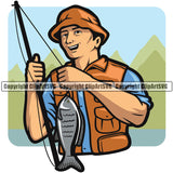 Fishing Fish Fisherman Hunt Hunting Hunter Outdoor Sport Fisherman Smile Face Color Background Design Element Hunting Lake Pond Sea River Ocean Design Logo Clipart SVG