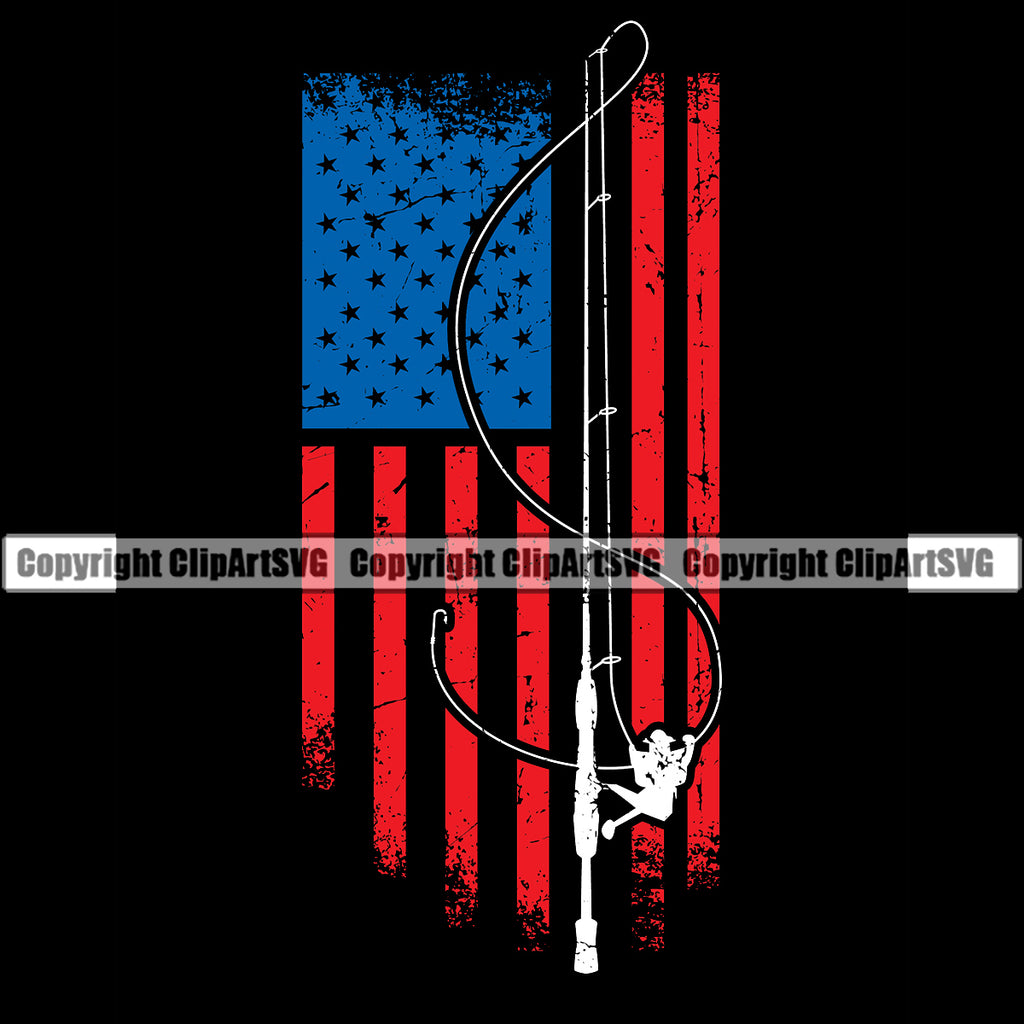 Fishing Fish Fisherman Hunt Hunting Hunter Outdoor Sport Fishing Hooks United State USA Flag Black Background Design Element Hunting Lake Pond Sea River Ocean Design Logo Clipart SVG