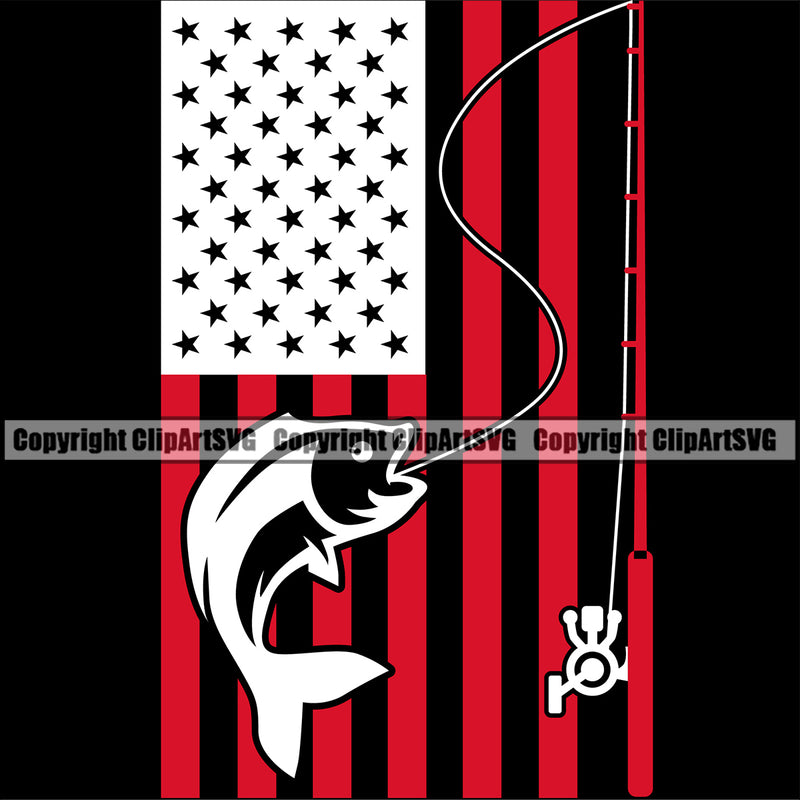 Fishing Fish Fisherman Hunt Hunting Hunter Outdoor Sport Fishing Flag United State USA Flag Black Background Design Element Hunting Lake Pond Sea River Ocean Design Logo Clipart SVG