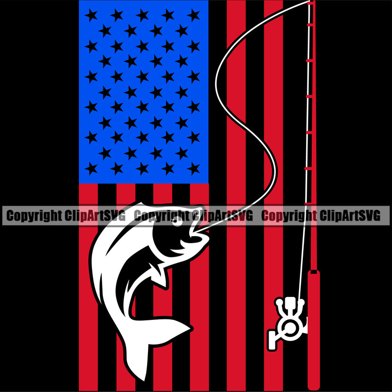 Fishing Fish Fisherman Hunt Hunting Hunter Outdoor Fishing Color Flag United State USA Black Background Design Element Sport Hunting Lake Pond Sea River Ocean Design Logo Clipart SVG